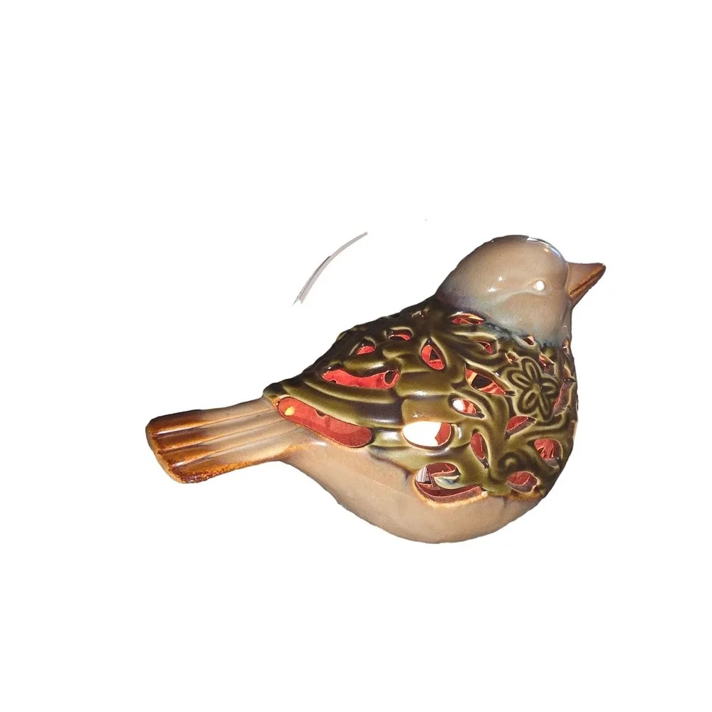 Ceramic Bird Tealight Candle Holder Cutout Glazed Figurine Lantern